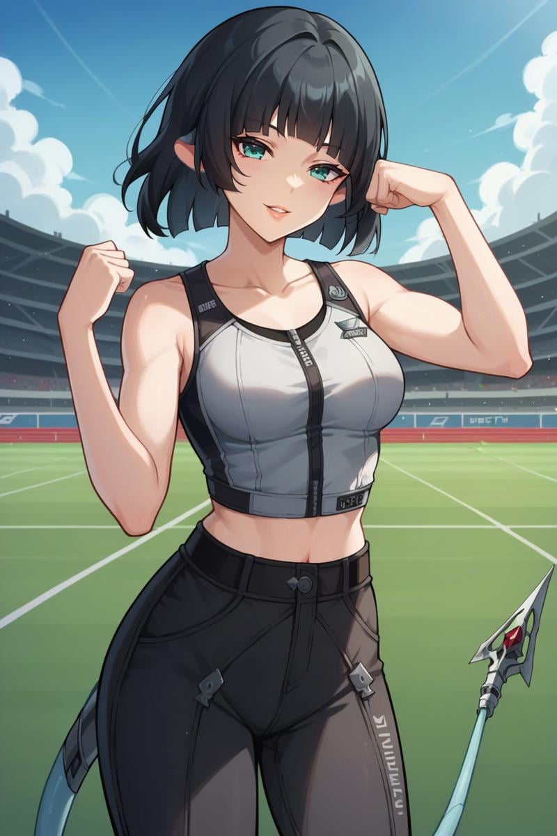 score_9, score_8_up, score_7_up, source_anime, 1girl, prefect lighting, very aesthetic, intricate details, highly detailed background, masterpiece, high quality, prefect hands, best quality, solo,<lora:Jane_Doe_ZZZ_V1:.85>, KJOjane, medium hair, black hair, aqua eyes, blunt bangs, tail, mouse ears, mouse girl, tank top, cargo pants,standing, looking at viewer, smirk, seductive smile, parted lips, flexing,outdoors, track field, arena, sports arena, day, (Beautiful, medium Breasts:1.2), natural breasts,