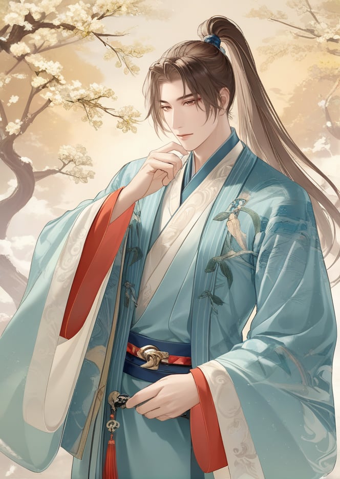 (best quality), ((masterpiece)), (highres), illustration, original, extremely detailed,  <lora:古风·鸢行风上:0.7>yuan,1boy, male focus, solo, long hair, watermark, artist name, ponytail, chinese clothes, wide sleeves, hand up, long sleeves