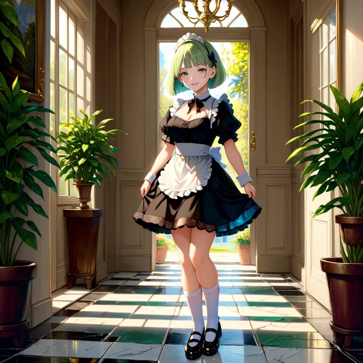 (masterpiece, best quality, highest quality, raytracing, HDR, realistic:1.4)BREAK maid outfit, short skirt with lace hemline, Mary Janes, ruffled socks, marble floor, potted plants, chandeliers, window, door, gold furnitureBREAK light green hair, green eyes, bob cut with blunt bangsBREAK (from side, crossed legs, full body:1.2) 