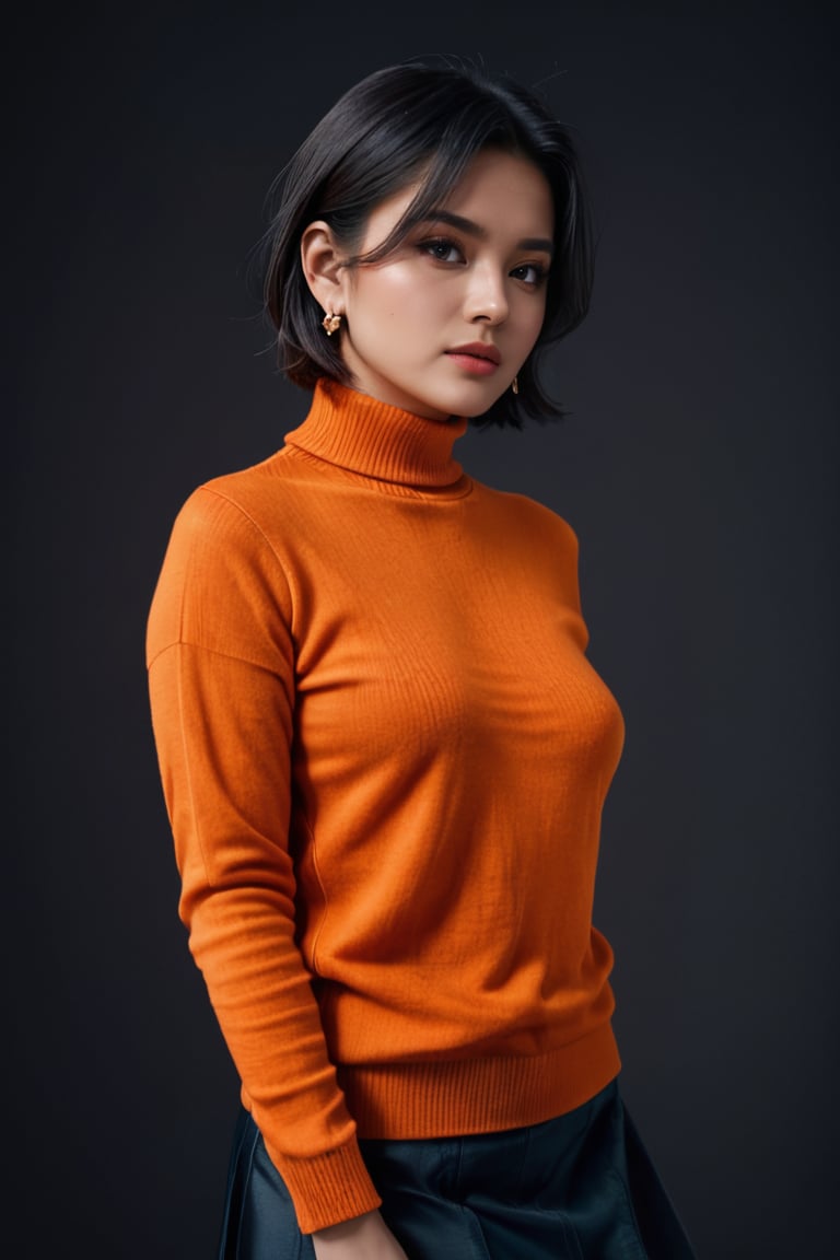 1girl, beautiful face, earrings, (full body portrait photoshot), wearing (orange turtleneck sweater:1.2) up to her chin, short dark hair, (simple plain background),pimple