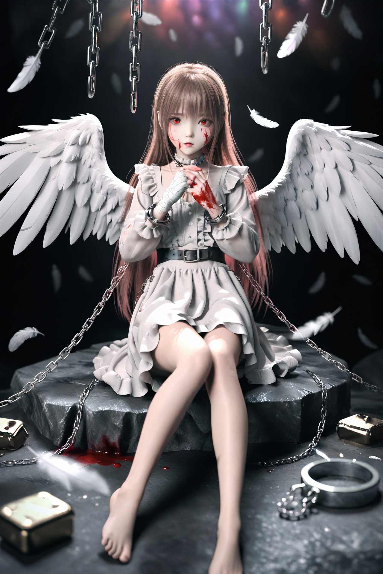 (masterpiece),(best quality),illustration,ultra detailed,hdr,Depth of field,(colorful),loli,1girl,solo,wings,blood,long hair,sitting,chain,red eyes,blood on hands,feathered wings,barefoot,blood on face,blood from eyes,dress,long sleeves,cuffs,feathers,frills,looking at viewer,very long hair,white wings,bandages,shackles,bangs,