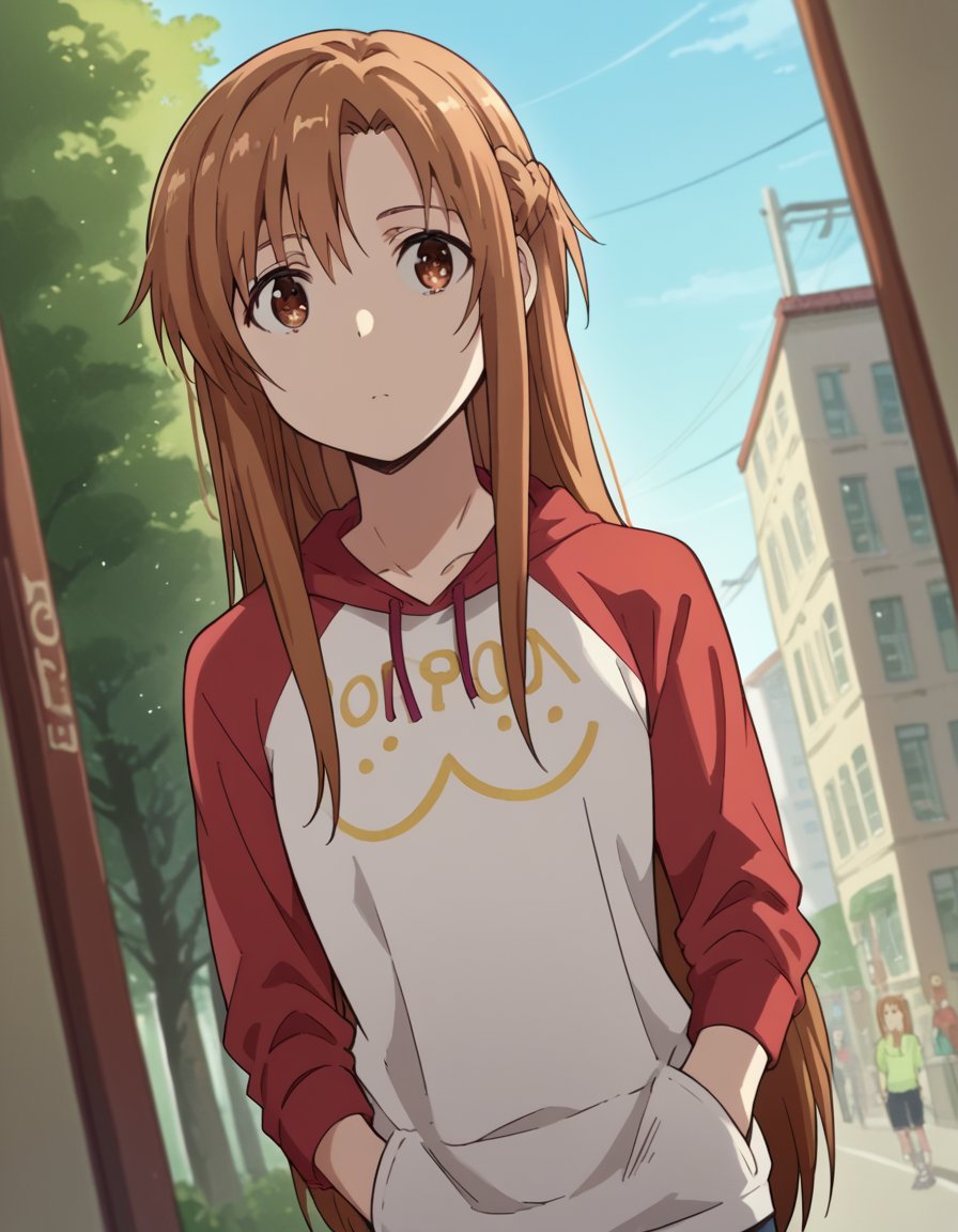 score_9, score_8_up, score_7_up, source_anime, asunayuuki, <lora:asuna-yuuki-s1-ponyxl-lora-nochekaiser:1>, asuna yuuki, long hair, brown hair, brown eyes,, <lora:oppai-hoodie-ponyxl-lora-nochekaiser:1>, oppai hoodie, hoodie, raglan sleeves, clothes writting, hands in pocket,, outdoors, street,, cowboy shot, dutch angle, solo,