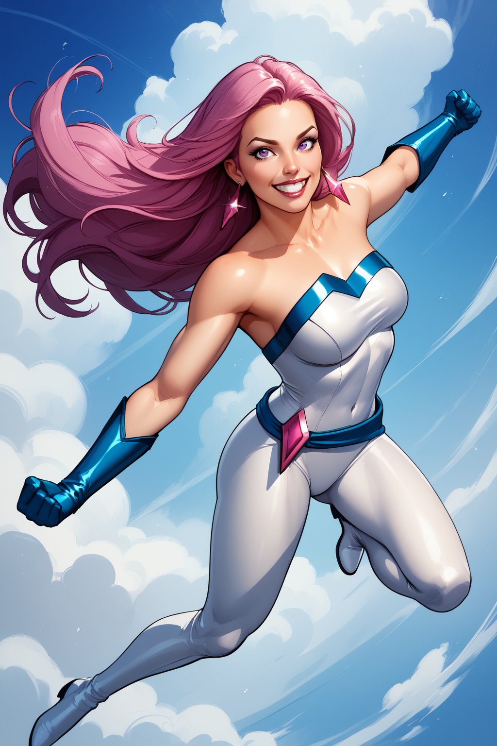 score_9, score_8_up, score_7_up, masterpiece, high quality, BREAK <lora:Jessica JonesPonyLoRA:0.9>JssjoJwl, long hair, pink hair, purple eyes, earrings, bare shoulders, strapless, bodysuit, skin tight, gloves, belt, white boots, floating, clenched fists, grin