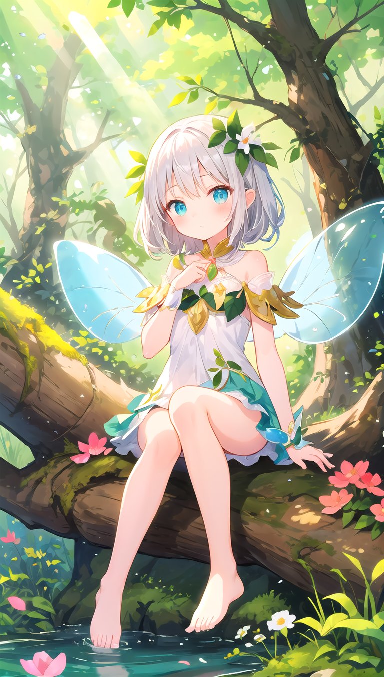 beautiful illustration, best quality, cute girl, nature, tree, plants, flowers, petal, bush, moss, sitting on tree, petite, fairy, fairy wings, silver hair, bare legs, sunlight,