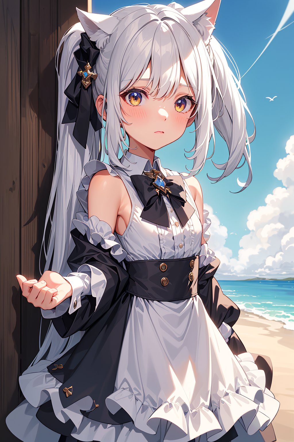 Best quality, perfect lighting, Blue sky white clouds,Outdoor, Blush,double ponytail, extra ears, cat ears , bare shoulders,In a maid costume, Gradual pupil appears intense,A small tuft of gray white hair on the head,a yellow bow tied to the chest, and a brooch symbolizing a witch.(loli:1.7), <lora:YG萌萌哒兽耳娘:0.75>,