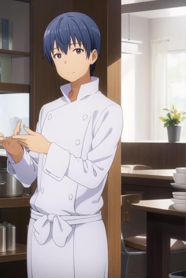 hiroomisouma, <lora:hiroomi souma s2-lora-nochekaiser:1>,hiroomi souma, (brown eyes:1.3), blue hair, male focus, smile,BREAK apron, buttons, waist apron, white pants, chef,BREAK indoors, restaurant,BREAK looking at viewer, (cowboy shot:1.5),BREAK <lyco:GoodHands-beta2:1>, (masterpiece:1.2), best quality, high resolution, unity 8k wallpaper, (illustration:0.8), (beautiful detailed eyes:1.6), extremely detailed face, perfect lighting, extremely detailed CG, (perfect hands, perfect anatomy),