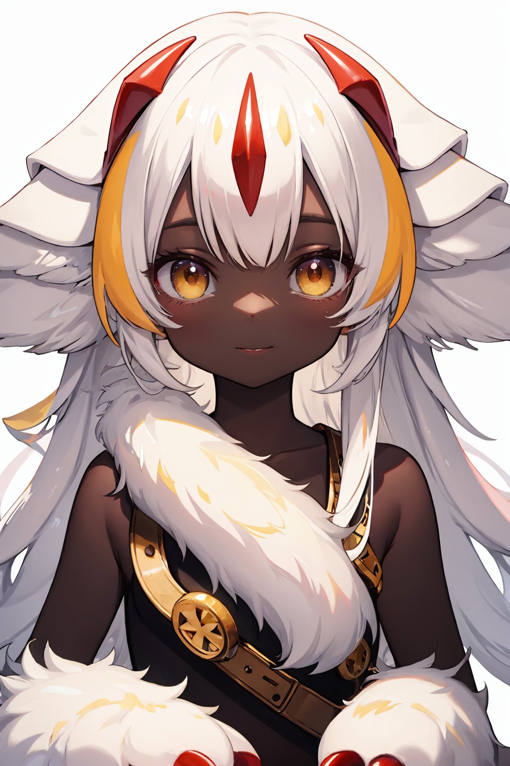 masterpiece,best quality, highly detailed, portrait,close-up,upper body,faputa,1girl,solo,dark-skinned female,extra arms,claws,monster girl,white fur<lora:faputa:1>,simple background,white background,