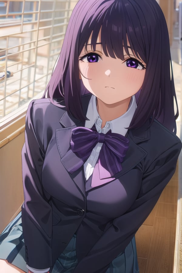 rionashijou, <lora:riona shijou s1-lora-nochekaiser:1>,riona shijou, bangs, purple hair, (purple eyes:1.1), medium hair,BREAK skirt, long sleeves, school uniform, jacket, socks, black skirt, two side up, black jacket, kneehighs, blazer, black socks, bow, bowtie, stripped, stripped bowtie,BREAK indoors, classroom,BREAK looking at viewer, (cowboy shot:1.5),BREAK <lyco:GoodHands-beta2:1>, (masterpiece:1.2), best quality, high resolution, unity 8k wallpaper, (illustration:0.8), (beautiful detailed eyes:1.6), extremely detailed face, perfect lighting, extremely detailed CG, (perfect hands, perfect anatomy),