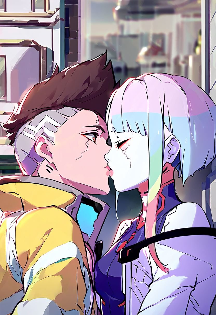 ([Xmultipkex],[xlucyx],[xrebecax]),score_9, score_8_up, score_7_up, source_anime, rating_safe,couple portrait 1girl and 1girl  kisses in futuristic city 