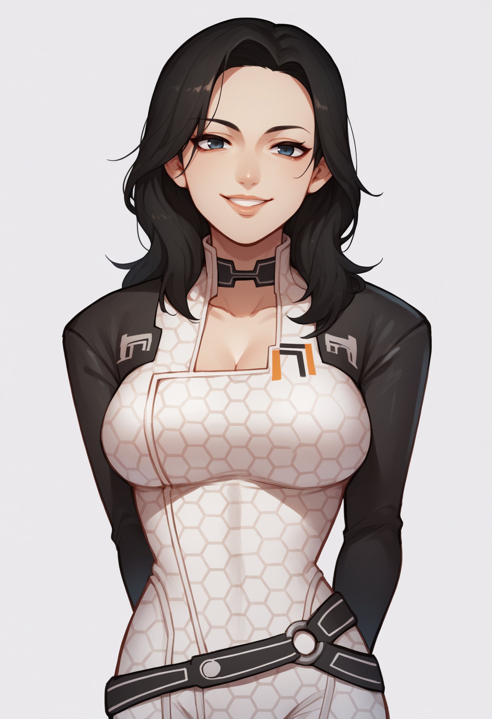 score_9, score_8_up, score_7_up, score_6_up, score_5_up, score_4_up, BREAK, source_anime,1girl, miranda, black hair, lips, long hair,bodysuit, choker,arms behind back, smile, upper body, looking at viewer, solo, simple background, white background    <lora:MirandaXL:1>