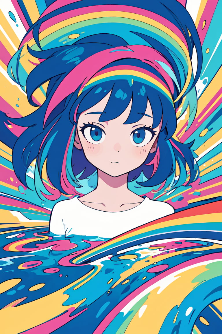 (masterpiece, best quality:1.2), (flat color:1.2),(2D:1.3),(colorful:1.2),looking at viewer,1girl,solo,upper body,floating colorful water,rainbow