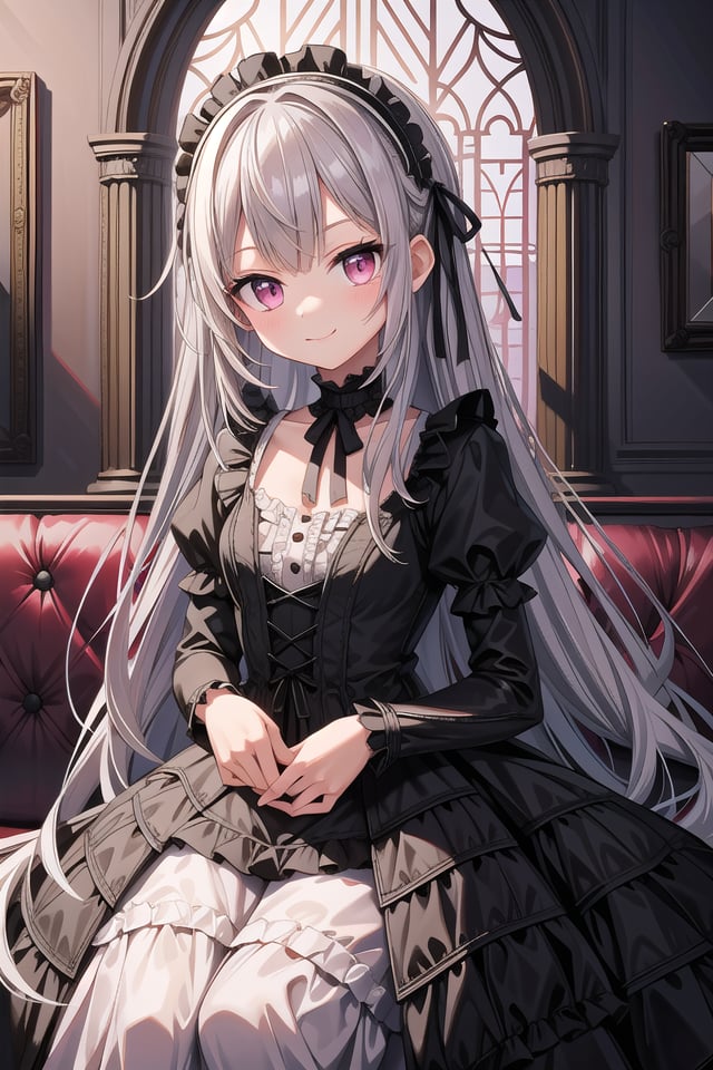 ((masterpiece:1.4, best quality)), ((masterpiece, best quality)),one girl, cute girl, silver hair, long hair, pink eyes, smile, black gothic dress, white frill, hair dress,indoors, castle, gothic, cute pose