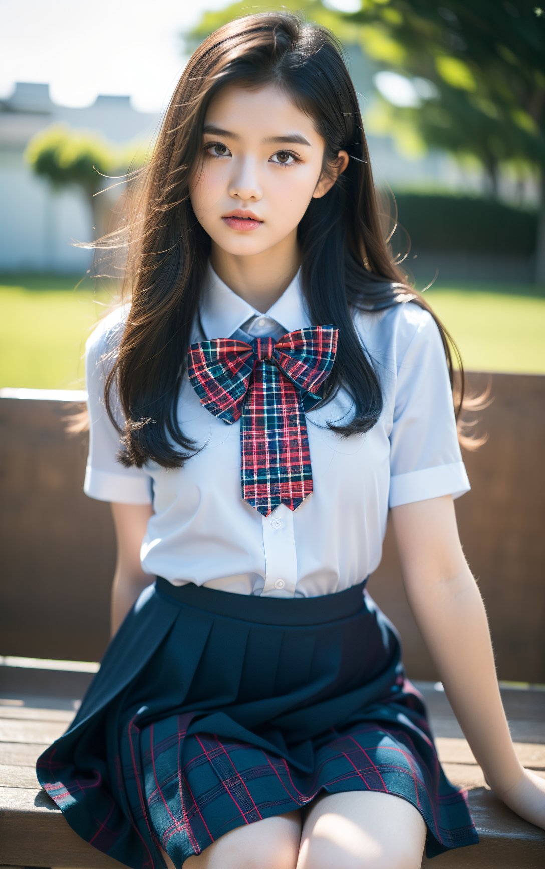 Ultra-realistic 8k CG, masterpiece, best quality, (photorealistic:1.4), HDR, absurdres, Professional, RAW photo, lens flare, (film grain:1.1), Bokeh, ((Depth of field)), studio light, a girl in a school uniform sitting on a bench with her eyes , and a blue sky in the background, 1girl, black_hair, blue_bow, blue_bowtie, blue_sky, bow, checkered_skirt, cloud, day, lips, long_hair, outdoors, painting_(medium), plaid, plaid_bow, plaid_skirt, realistic, school_uniform, shirt, skirt, sky, solo, striped_bow, white_shirt. Highly detailed,Professional,extreme detail description;,