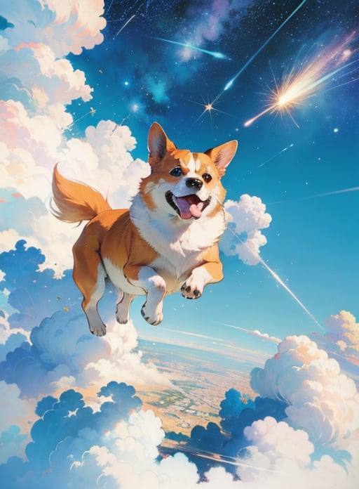 welsh corgi,masterpiece,best quality,high resolution,mangguo_keji,flying,flight goggles,sky,blue sky,white cloud,shooting star,