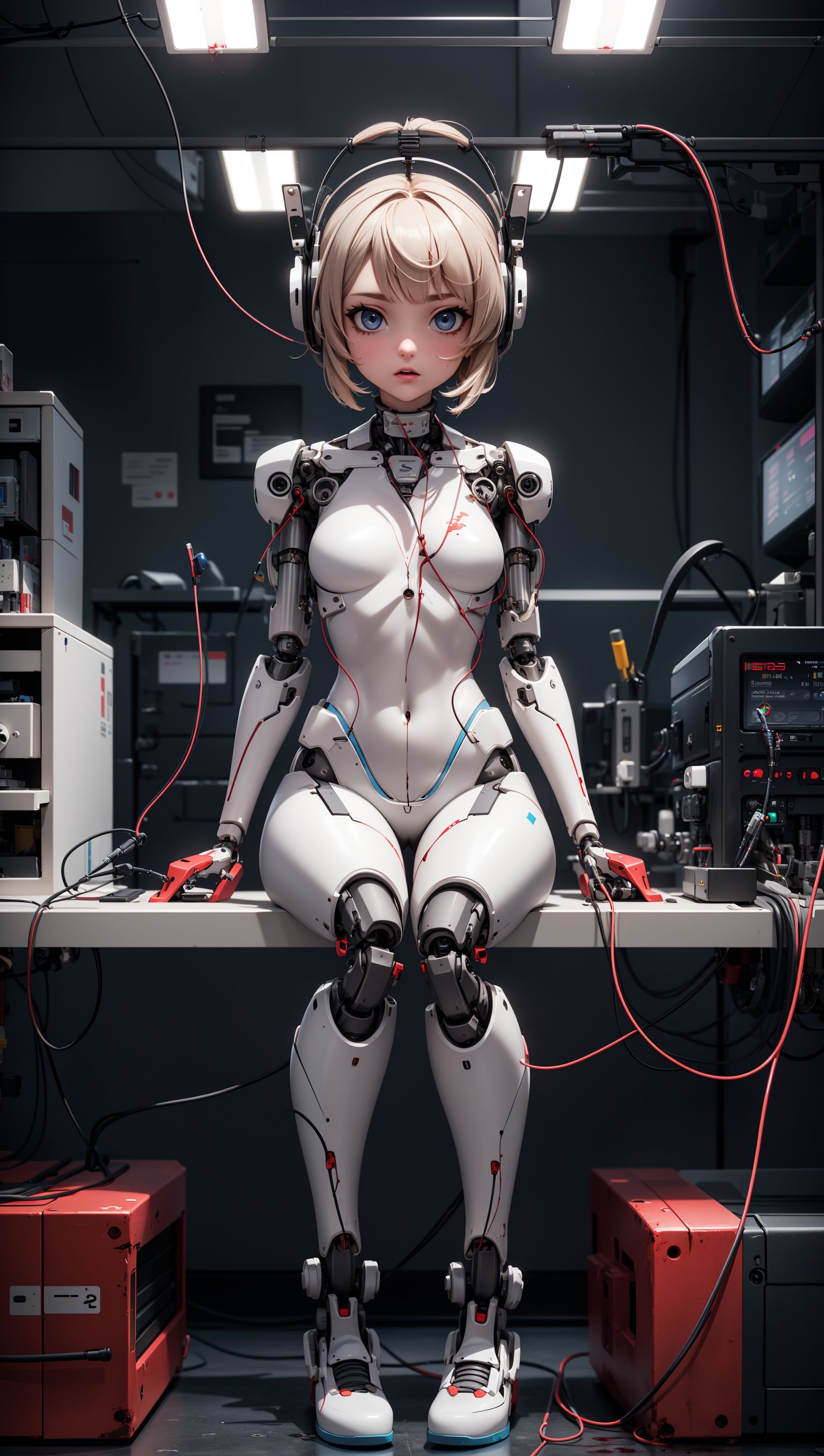 ((Full front shot)),(best quality),((an extremely delicate and beautiful)),((Chest covered)),cinematic light,(1mechanical girl),solo,((upper torso hanging by wires)),((Hanging by wires and tubes)),(machine made joints:1.2),((mechanical limbs)),(blood vessels connected to tubes),(mechanical vertebra attaching to back),((mechanical cervical attaching to neck)),(sitting),(chest covered),(wires and cables attaching to neck:1.2),(wires and cables on head:1.2),(character focus),science fiction,