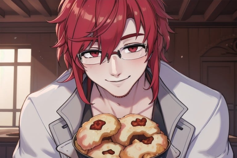 mortefi, red hair, eyeglasses, white robe,1boy, solo, eats nuggets, many nuggets, smile