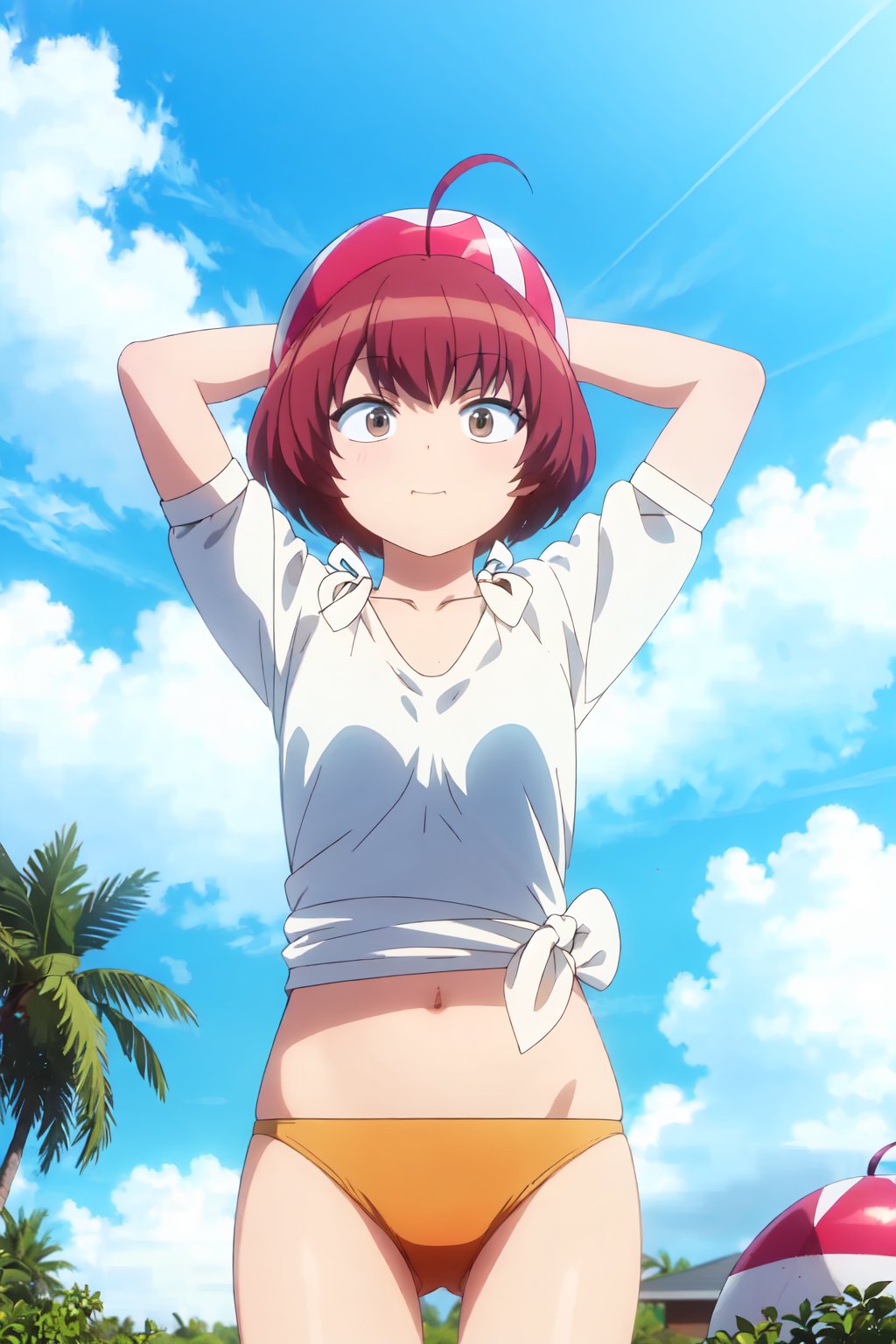 Akako Onigashima, (8k, HD), 1girl, solo, looking at viewer, short hair, brown hair, shirt, navel, swimsuit, white shirt, ahoge, bikini, red hair, outdoors, sky, day, cloud, arms up, blue sky, arms behind head, ball, beachball, bikini under clothes, tied shirt, bikini bottom only, orange bikini, brown eyes<lora:EMS-469265-EMS:0.800000>