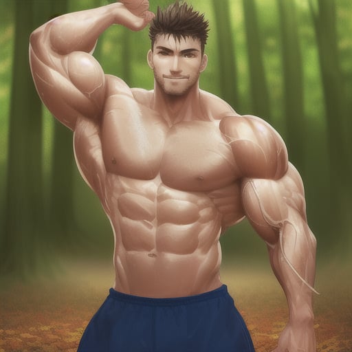 (muscular man:1.5), (ripped physique), (veins popping), (sweat glistening:0.8), (beaming confidence), (rippling muscles), (outdoor workout), (sun-kissed skin), (forest as backdrop), (fallen leaves as stage), (posing:1.2), (admiring glance:0.8), (envy in the eyes), (strength displayed), (mighty arms), (rippling abs), (rippling back muscles), (powerful thighs), (triumphant smile), (natural energy), (primal strength), (serene determination:1.2), (majestic presence)