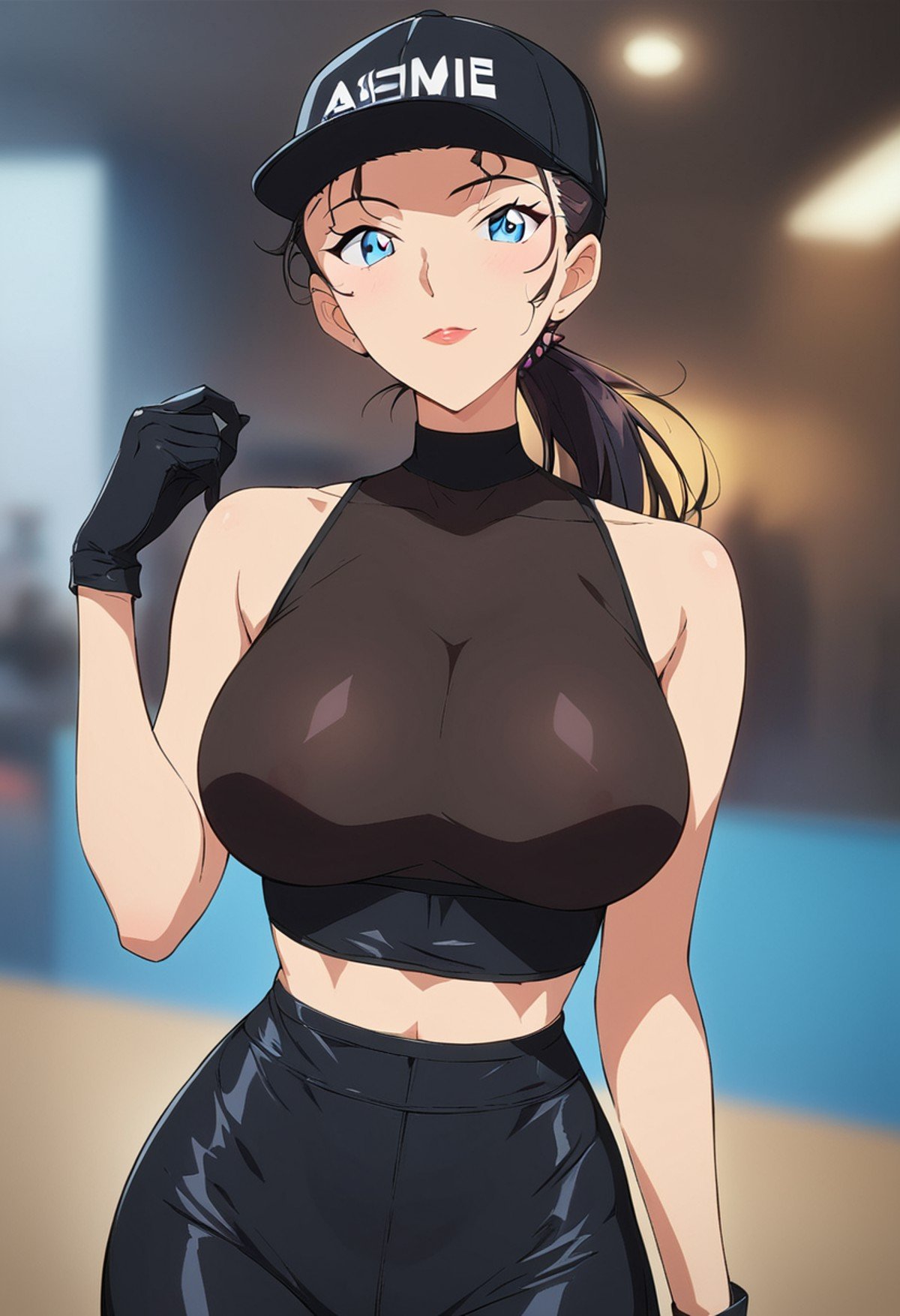 score_9, score_8_up, score_7_up, score_6_up, Light Outline,((1girl,solo,Portrait,front view,milf,)),large breasts, thin thighs,thin hips,thin waist,Mizunashi Rena,ponytail,black hair,bang,Black tights, Black cap,hat,black gloves,(black bodysuit,)(Sheer Textured Dark Pantyhose,blurry background, ),<lora:PONY_Rena_Mizunashi_Anime_Detective_Conan:0.8>