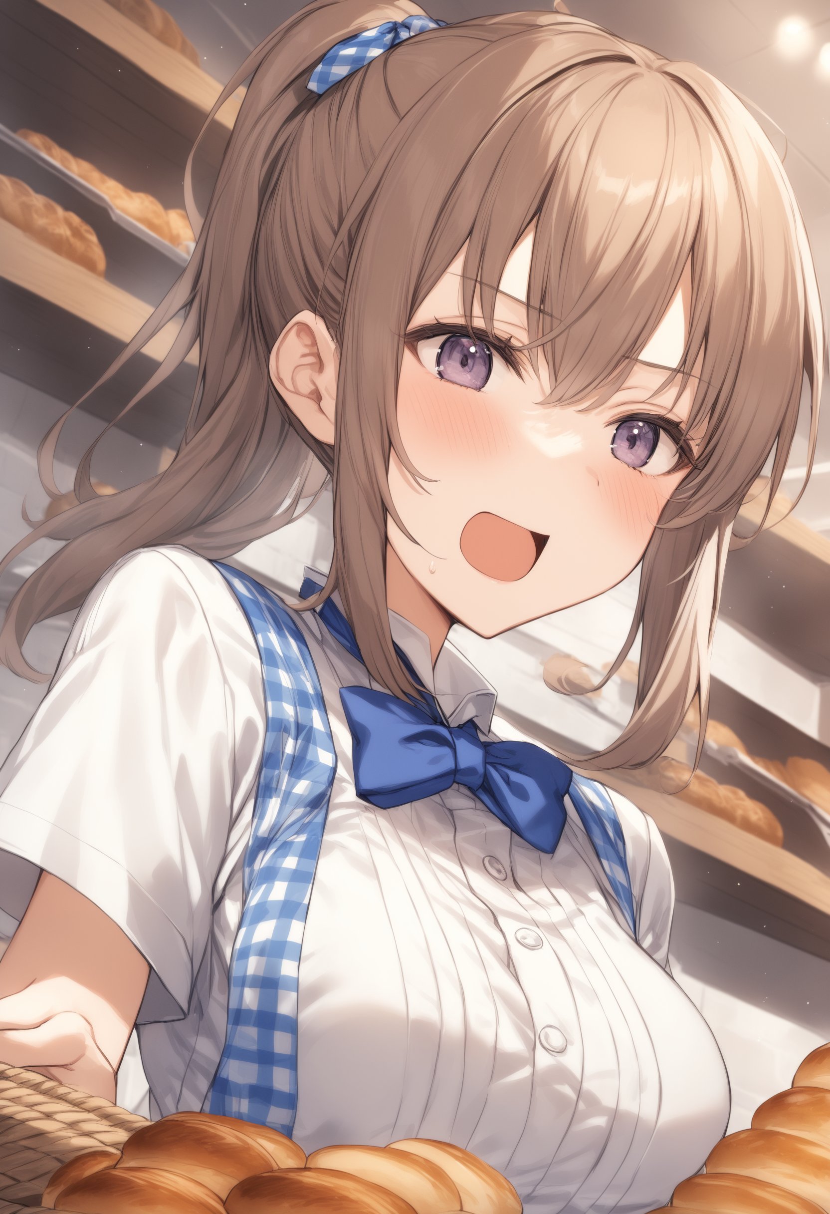 1girl, <lora:sdxl2-flat2-512b:-1>,medium breasts,<lora:kobeyaXLv1:0.8>,kobeya uniform,blue skirt, blue neckwear, gingham apron, Bakery,ceiling, portrait, looking ahead, envy,  open mouth,best quality,medium quality,