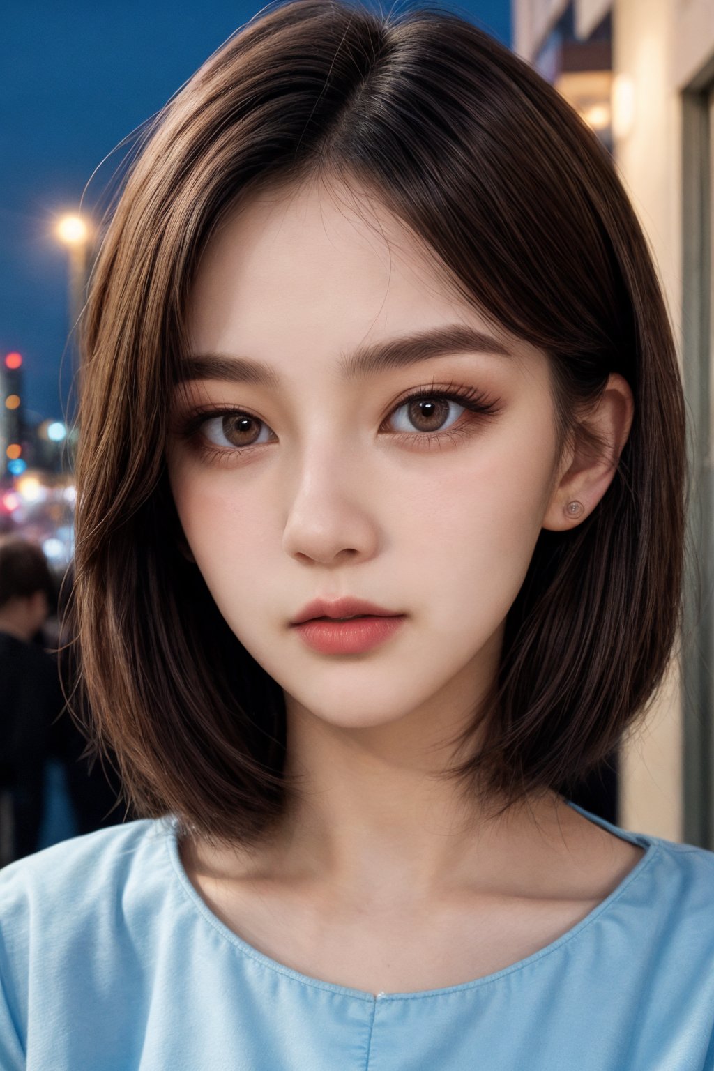 instagram photo, closeup face photo of 18 y.o woman in dress, beautiful face, makeup, night city street,