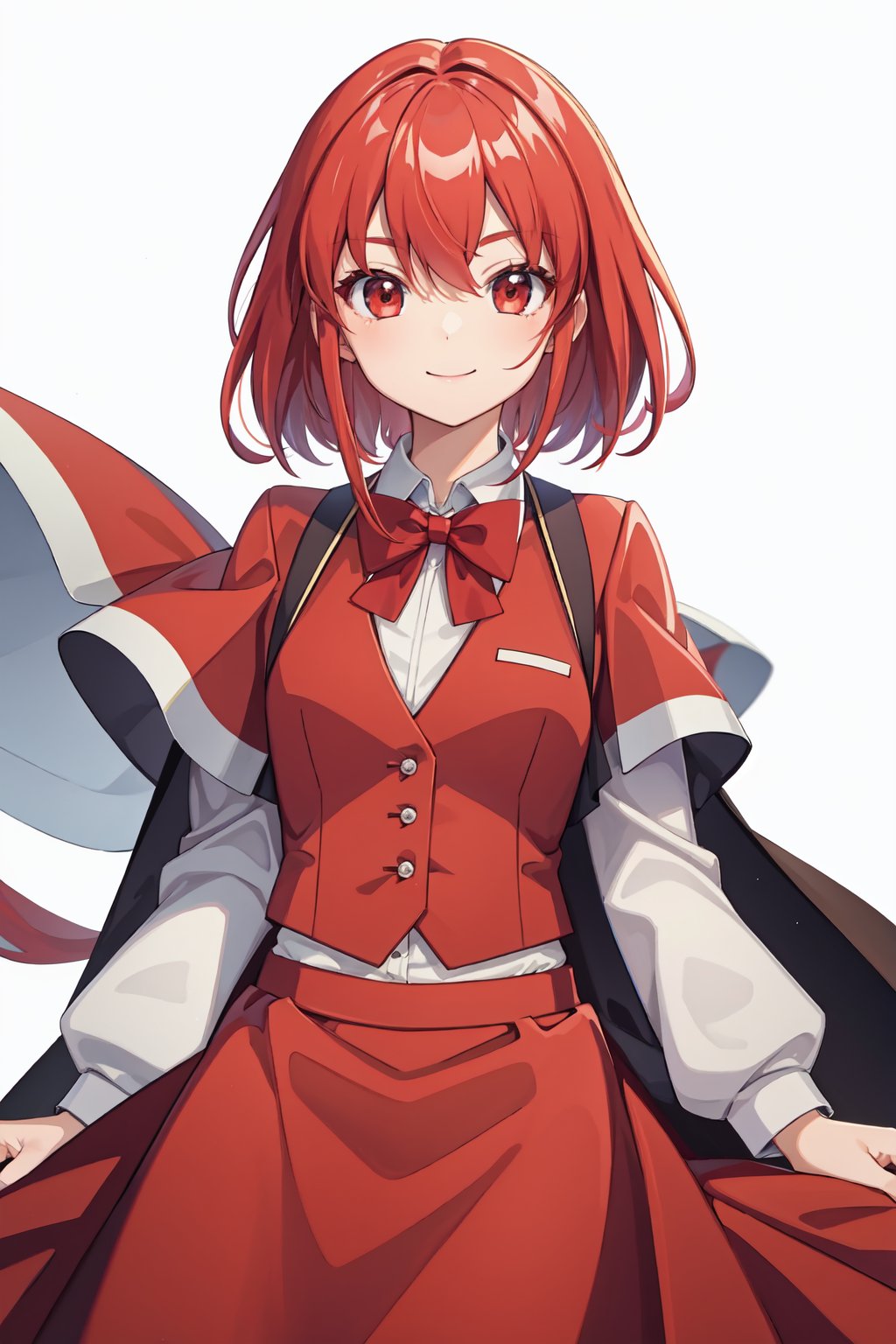 masterpiece,best quality, highly detailed, okazaki yumemi,1girl,red capelet,solo,red bowtie,red vest,red skirt,looking at viewer,long sleeves,white shirt,smile<lora:okazaki_yumemi:1>,simple background,white background