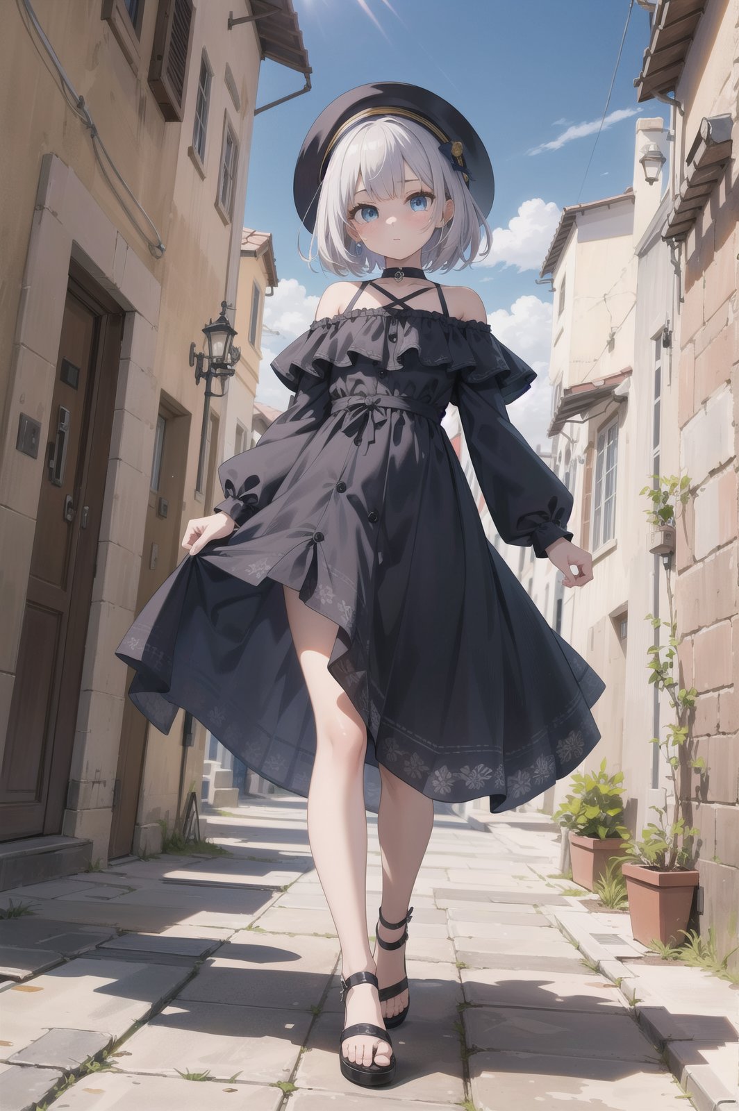 (anime), (masterpiece, ultra-detailed:1.4), super fine (anime), (ultra high res:1.5), (sharp focus), (insanely detailed:1.3), (perfect anatomy), delicate cel animation,((solo:1.2)),cute little (1girl:1.3) walking in a Mediterranean alley,[from below:1.2],wind,silver hair, blue eyes,bob cut,off shoulder dress,hat,blue sky,(cowboy shot),(looking at viewer),dramatic, full body,(Mediterranean Buildings),(lens flare:0.9),arch,dynamic angle,(coastal:0.8),head tilt,