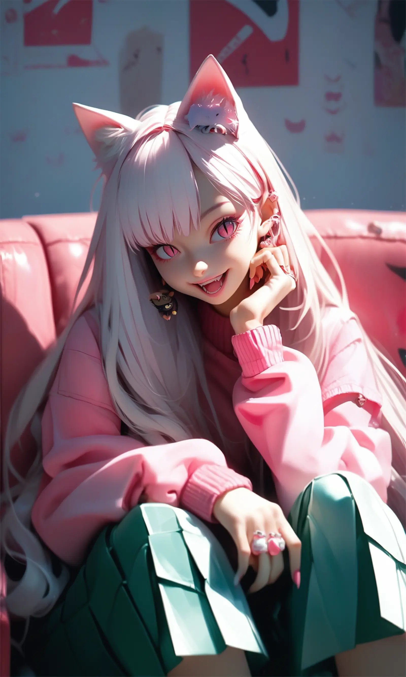 score_9,score_8_up,score_7_up,score_6_up,score_5_up,score_4_up,1girl,solo,very long hair,cat ears,slit pupils,(big breasts:0.6),girl with a cat,sitting,couch,looking at you,pink shirt,long sleeves,pleated skirt,happy,sitting,