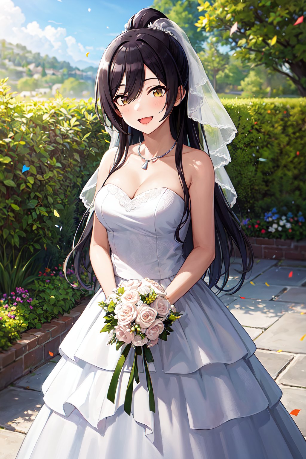 masterpiece, best quality, highres, aasakuya, long hair, high ponytail, breasts, <lora:shirase_sakuya_v1:0.7>, wedding dress, strapless, necklace, white dress, garden, standing, cowboy shot, holding bouquet, open mouth, smile, confetti,