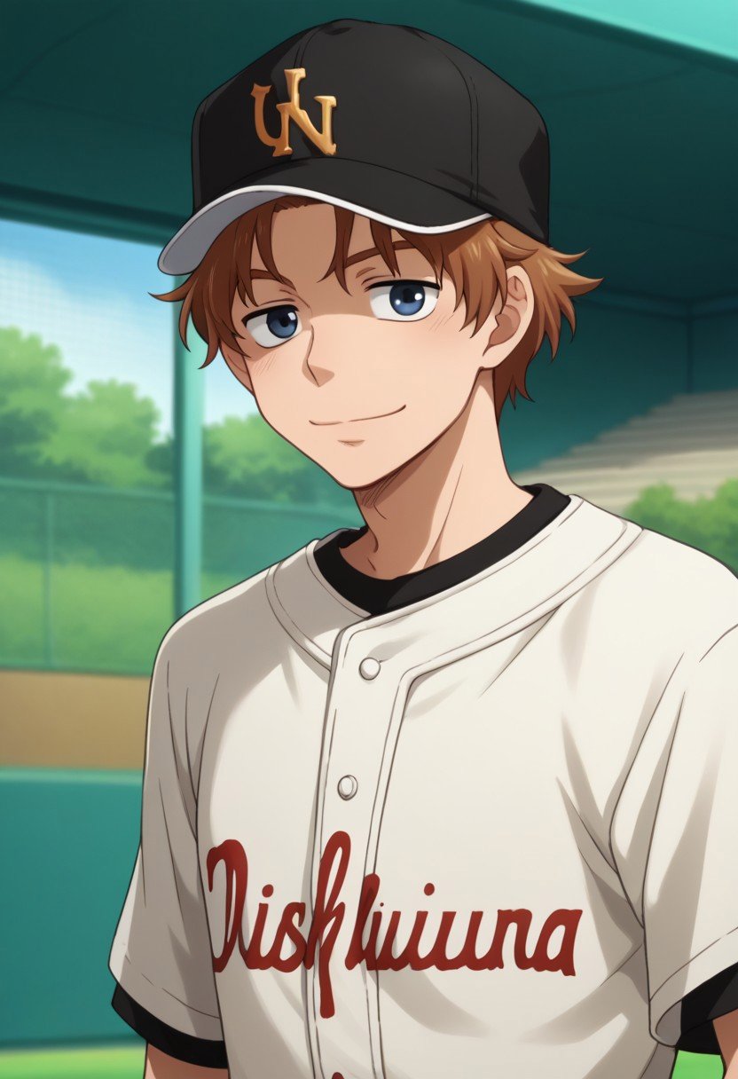 score_9, score_8_up, score_7_up, source_anime, highly detailed, fumiki, 1boy, male focus, brown hair, sportswear, hat, baseball cap, baseball uniform, smile, solo, blue eyes, looking at viewer,