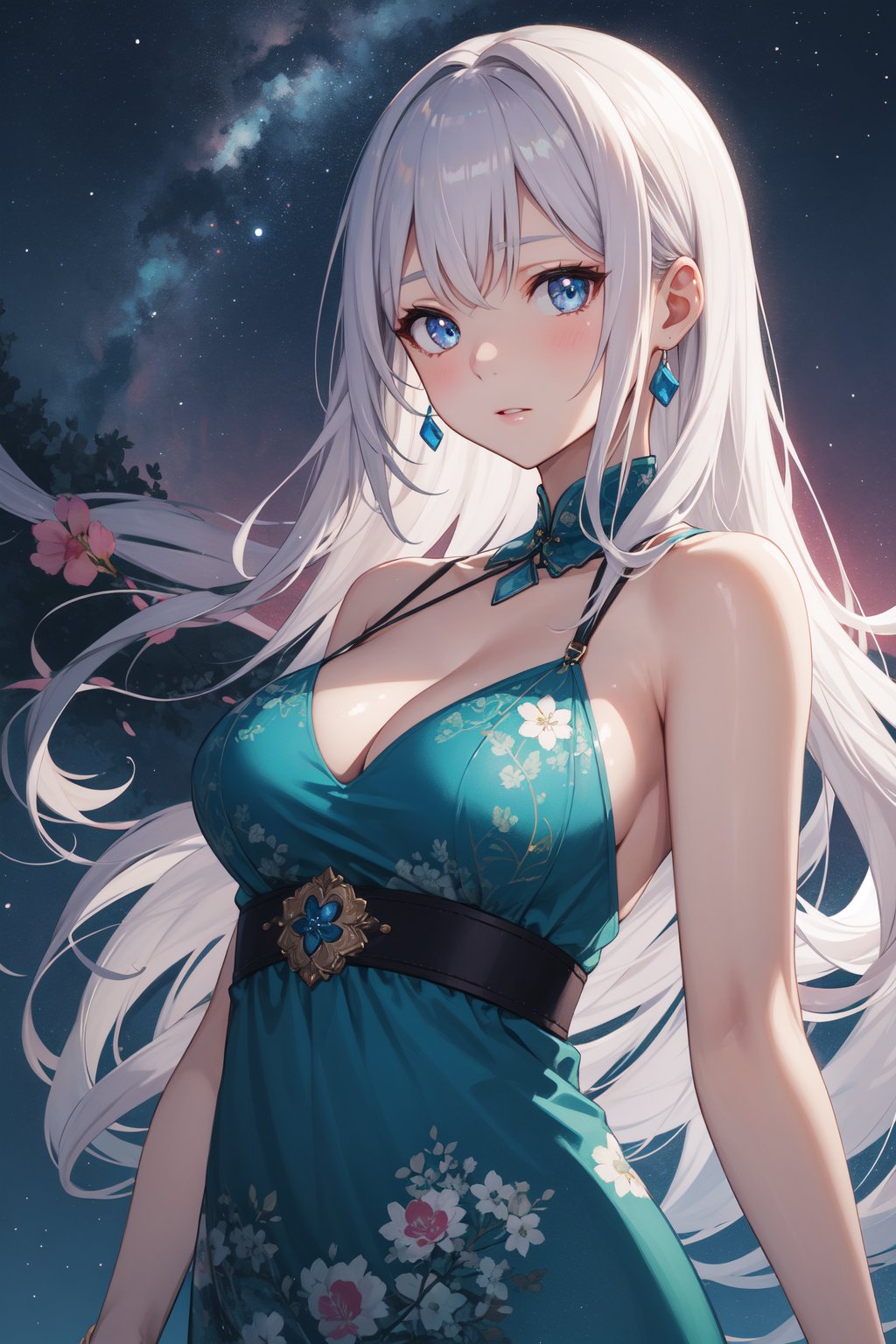 1girl,solo,(looking at viewer:1.1),Annoyed, Mouth turned down slightly, eyes narrowed, and a tense jaw.,Maxi dress with a tropical print,portrait,posing,beautiful face,beautiful eyes,glossy skin,shiny skin,BREAKPlankton, Bioluminescent, Bay, Night, Water, Glow, Serenity, Magic,(Rhododendron blooms, Alpine slopes, Himalayan peaks, Prayer flags, Mountain flora, Himalayan charm:0.6),beautiful detailed sky,beautiful detailed glow,posing in front of a colorful and dynamic background,masterpiece,best quality,beautiful and aesthetic,contrapposto,female focus,wallpaper,fashion,