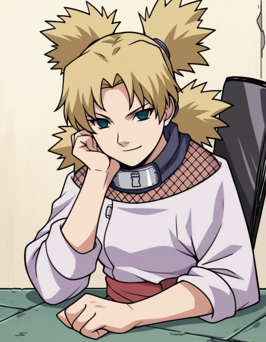 score_9, score_8_up, score_7_up, source_anime, <lora:temari-s1-ponyxl-lora-nochekaiser:1>, temari, bangs, blonde hair, quad tails, blue eyes,, long sleeves, fishnets, sleeves rolled up, forehead protector, sleeves pushed up, sleeves past elbows, sash, dress, purple dress,, indoors, smile, looking at viewer, solo, sitting, head rest,, cowboy shot, dutch angle