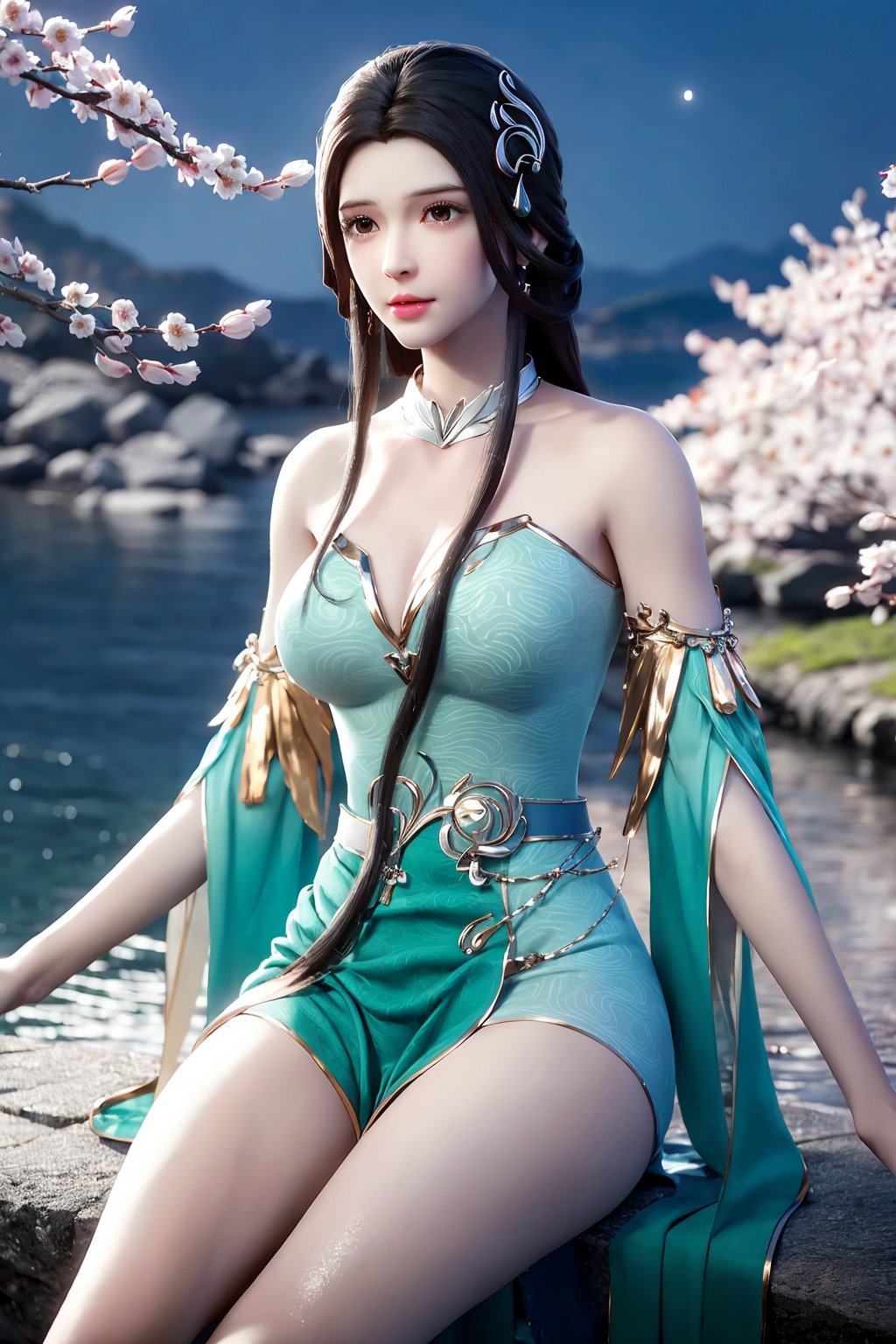 dancing, dress, chinese_clothes, long_sleeves, detached_sleeves, wide_sleeves,  hanfu, looking_at_viewer (8k, RAW photo, best_quality),(highly_detailed),(masterpiece:1.2),(ultra-detailed),(extremely_detailed_cg_8k_wallpaper),(realistic:1.2),(photorealistic:1.3),(scenery, waterfall, (cherry_blossoms), (milfeulle_sakuraba), (petals, falling_petals), full_moon, moon, night, moonlight, night_sky, sky, petals, water, stone),1girl, solo, long_hair, black_hair, hair_ornament, eyeshadow, eyelashes, jewelry, earrings,  makeup,  dress, white_legwear, fingernails,medium_shot,(texture_skin:1.3),(shiny_skin:1.4),<lora:syqiangk_加强_重置_夭月G主_第一套_C9_5.2:0.8>,