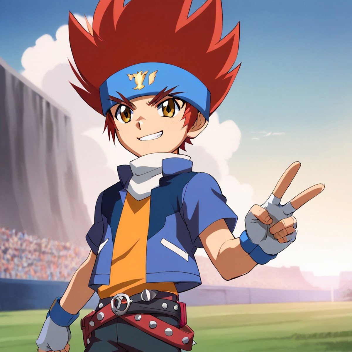 score_9, score_8_up, score_7_up, BREAK, male child, gingka, red hair, spiked hair, headband, fingerless gloves, belt, smirk, outdoors, v