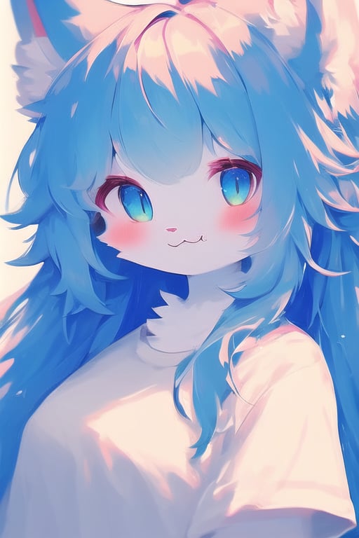 1girl,animal ears,solo,furry female,pink hair,furry,long hair,:3,looking at viewer,upper body,shirt,ahoge,smile,simple background,blue eyes,short sleeves,white shirt,animal ear fluff,blush,animal nose,blue background,fang,bokeh,depth of field,overexposure,<lora:lightfurryv4-000028:0.4>,<lora:lightfurryv3 (1):1>,