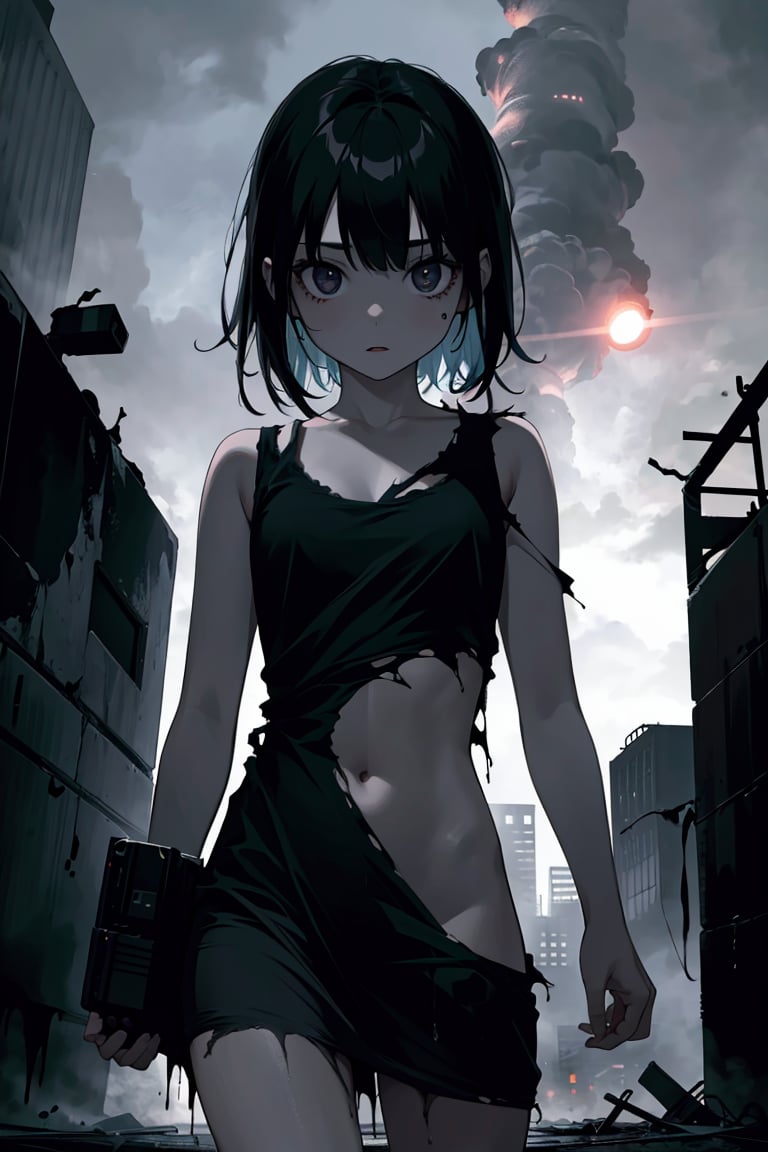 1girl, cute, young, wearing a ripped dress, apocalyptical, destruction, eerie atmosphere, (masterpiece, best quality), official art, shading, cinematic lighting, 