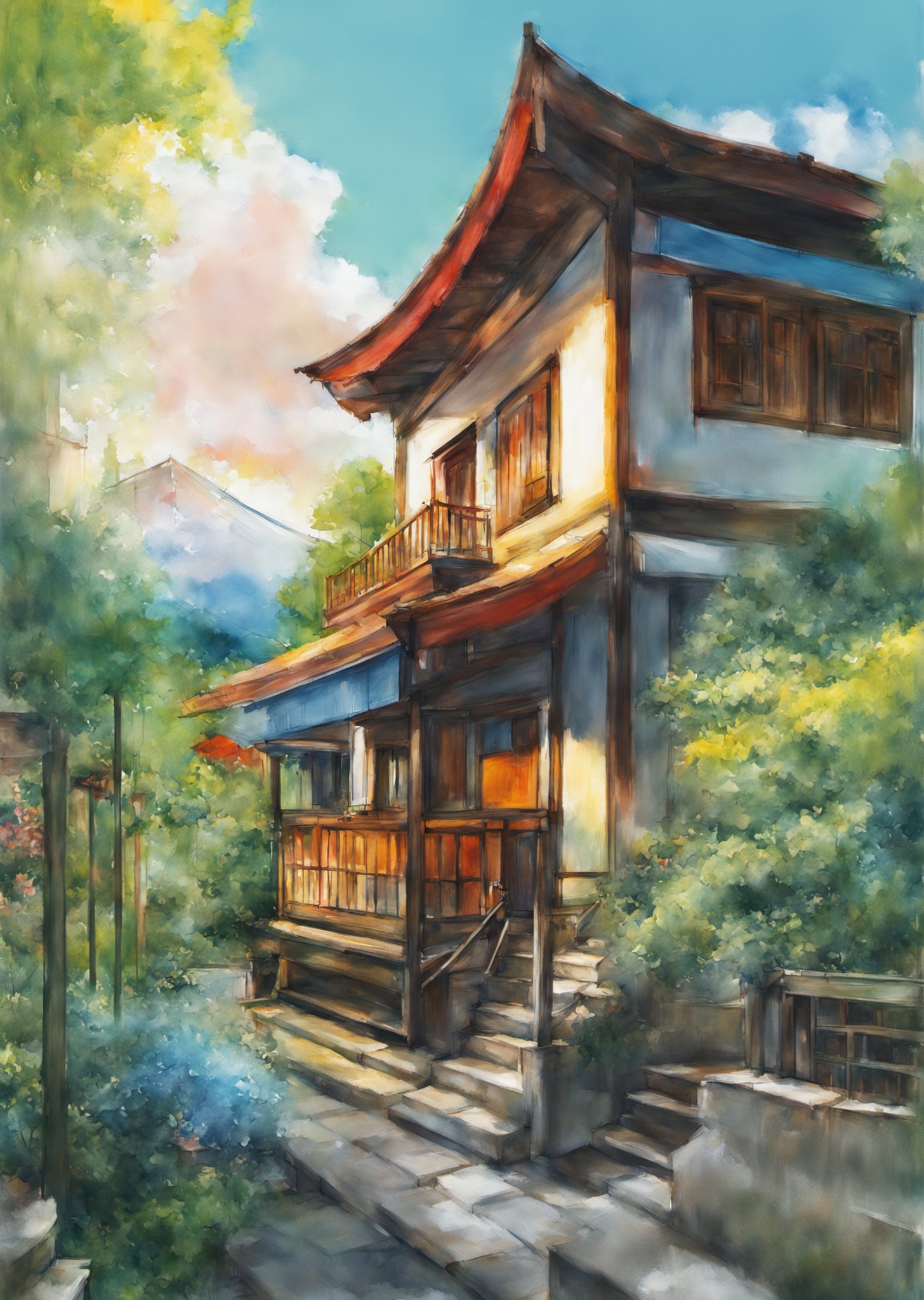 masterpiece,best quality,highres,extremely detailed CG,perfect lighting,8K wallpaper,illustration,painting,paintbrush,anime,strong contrast of light and shadow,Ink wash painting,colored pencil (medium),miyazaki_yukichi,watercolor (medium),(official art, unity 8k wallpaper, ultra detailed, High quality, best quality), extremely detailed illustrition, (graffiti art), street style fashion, (Poladroid:0.8), cinematic angle, oblique sideways, (round image:1.1), [(pale yellow background:1.5): :5], rich colorful, (chromatic aberration), alternate color,no humans, scenery, sky, outdoors, cloud, traditional media, mountain, day, painting (medium), blue sky, building, watercolor (medium), cloudy sky, landscape, house, snowblurry foreground,sunset, cloud, scenery, intense shadows(colorful clouds:1.2),detailed backgrounds, (colorful backgrounds:1.3),((lots_of_plants_on_both_sides,weed,rank_grass,shrubs)),(((multi-level_green_plants,different_trees_and_leaves,flowers))),