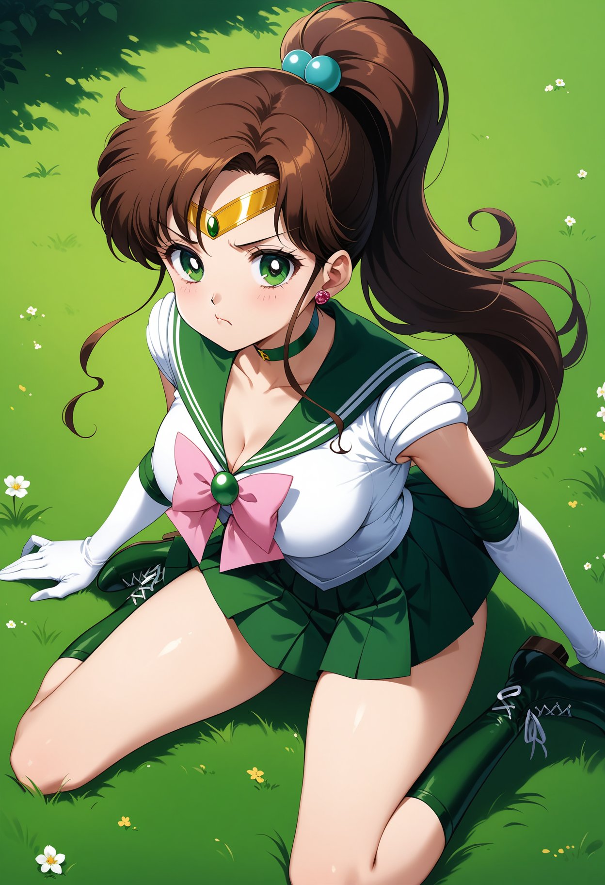 (masterpiece, best quality, very aesthetic, ultra detailed), intricate details, 4k, aajupiter, long hair, brown hair, ponytail, hair bobbles, tiara, earrings, green eyes, green choker, green sailor collar, pink bowtie, white shirt, elbow gloves, white gloves, green skirt, pleated skirt, bare legs, <lora:sailor_jupiter_animaginexl_v2:0.9>, boots, green footwear, wariza, grass, pout,