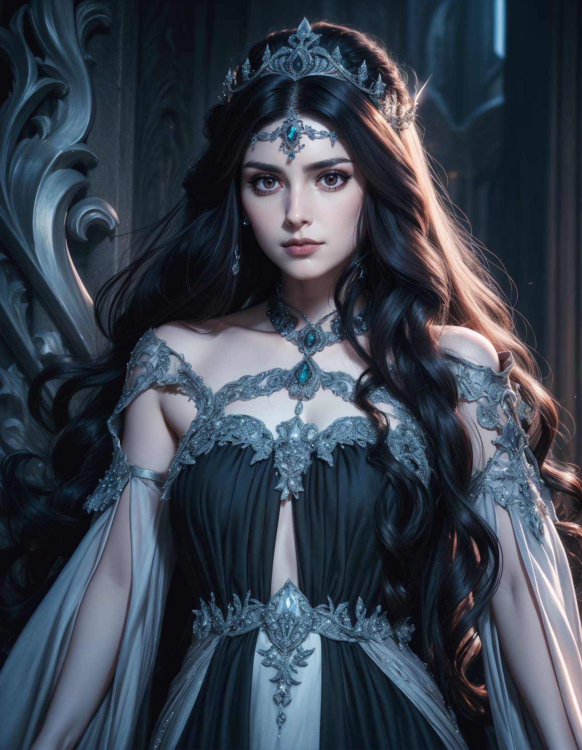 (portrait photo:1.3), adult woman, 38 year old female, medium breasts, wearing HUD_spr_armr, jeweled tiara, long chiffon dress, detached sleeves, jewelry, intricate engraved metal neckpiece, belt, pauldrons,<lora:HUD_spr_armr-07:0.65>, (long black wavy hair:1.2), cinematic, dramatic, 4k