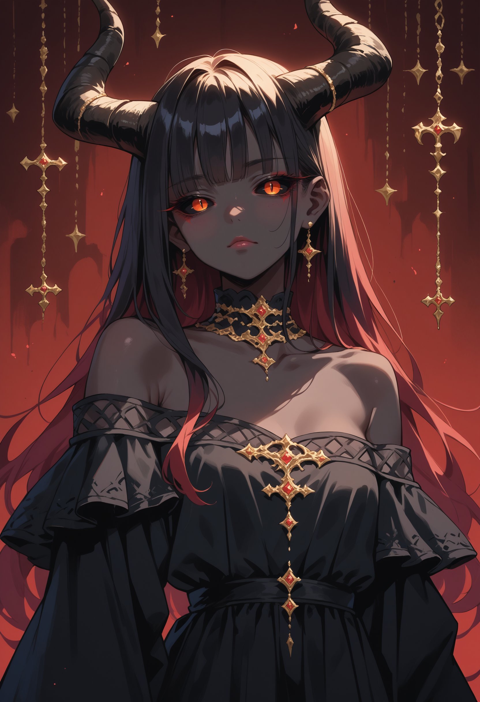 score_9, score_8_up, score_7_up, source_anime, solo, female, demon, caprine horn, black skin, black dress, jewelry, off shoulder, bangs, long hair, black sclera, 