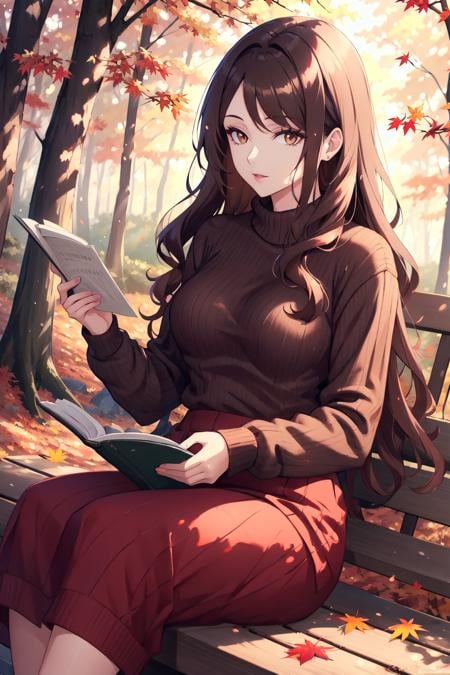 high clarity, reading pose, beautiful woman, long wavy brown hair, cozy sweater, autumn forest, gouache style, golden hour light