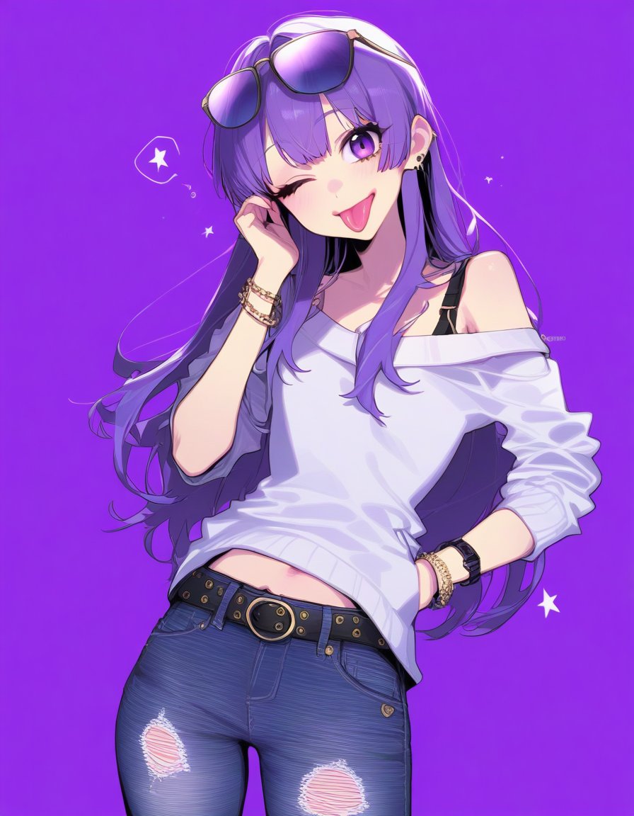 1girl, alternate costume, belt, bra strap, bracelet, casual, contemporary, denim, eyewear on head, head tilt, jeans, jewelry, licking lips, long hair, looking at viewer, one eye closed, pants, purple background, purple eyes, purple hair, simple background, smile, solo, speech bubble, spiked hair, star (symbol), sunglasses, sweater, thumbs in pockets, tongue, tongue out, torn clothes, torn jeans, torn pants, twitter username 