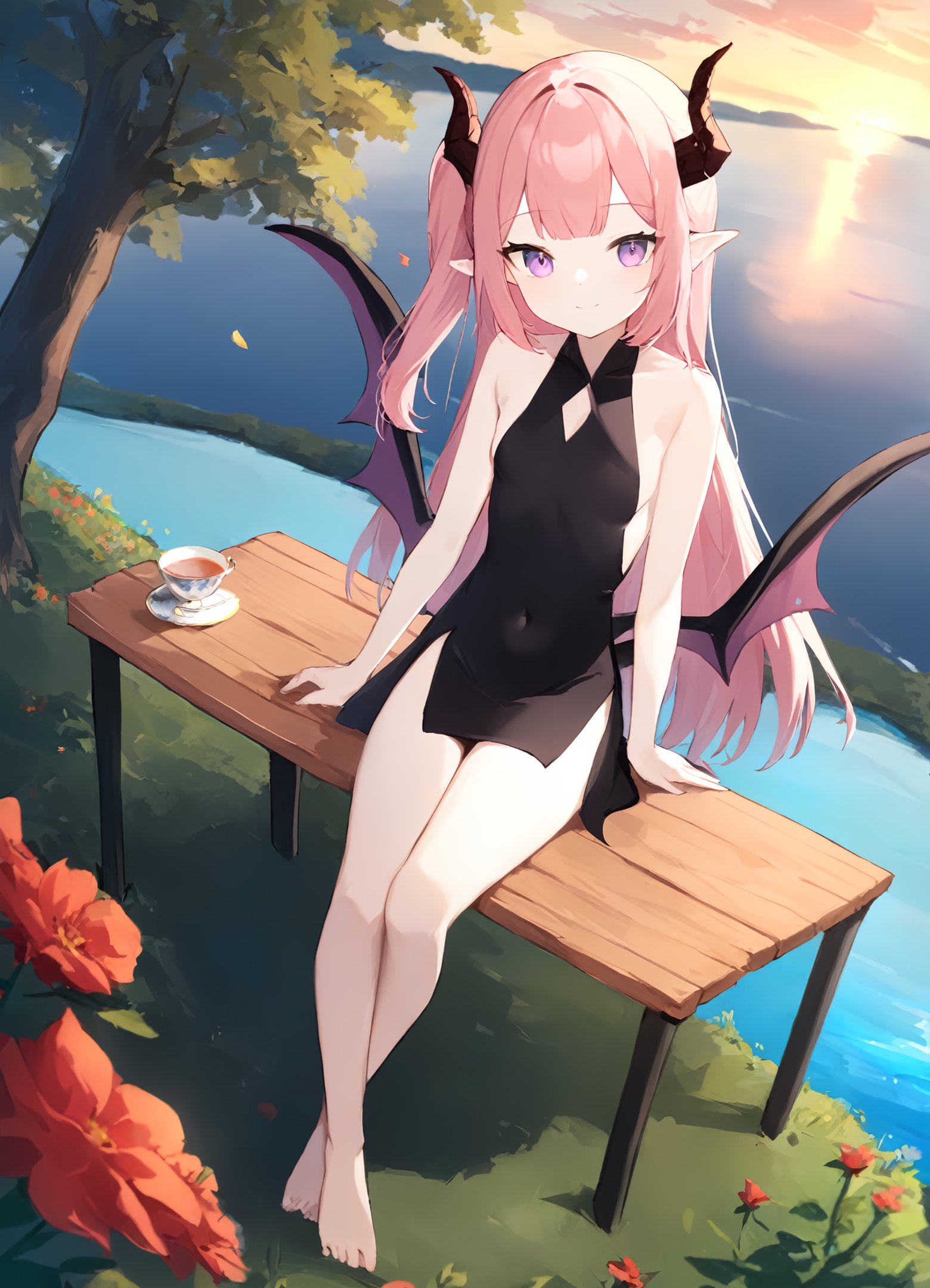 1girl, wings, tail, dragon tail, solo, wings, dragon horns, long hair, pointy ears, side up, dragon wings, cup, pink hair, purple eyes, sitting, bench, crossed legs, flower, teacup, looking at viewer, red flower, black dress, one side up, small breasts, breasts, feet out of frame, table, covered navel, sideboob, bare shoulders, bangs, sleeveless dress, cloudy sky, river, forest, tree, sunset, from side, from above, expressionless, smile,masterpiece, best quality, absurdres, recent, newest, safe, sensitive