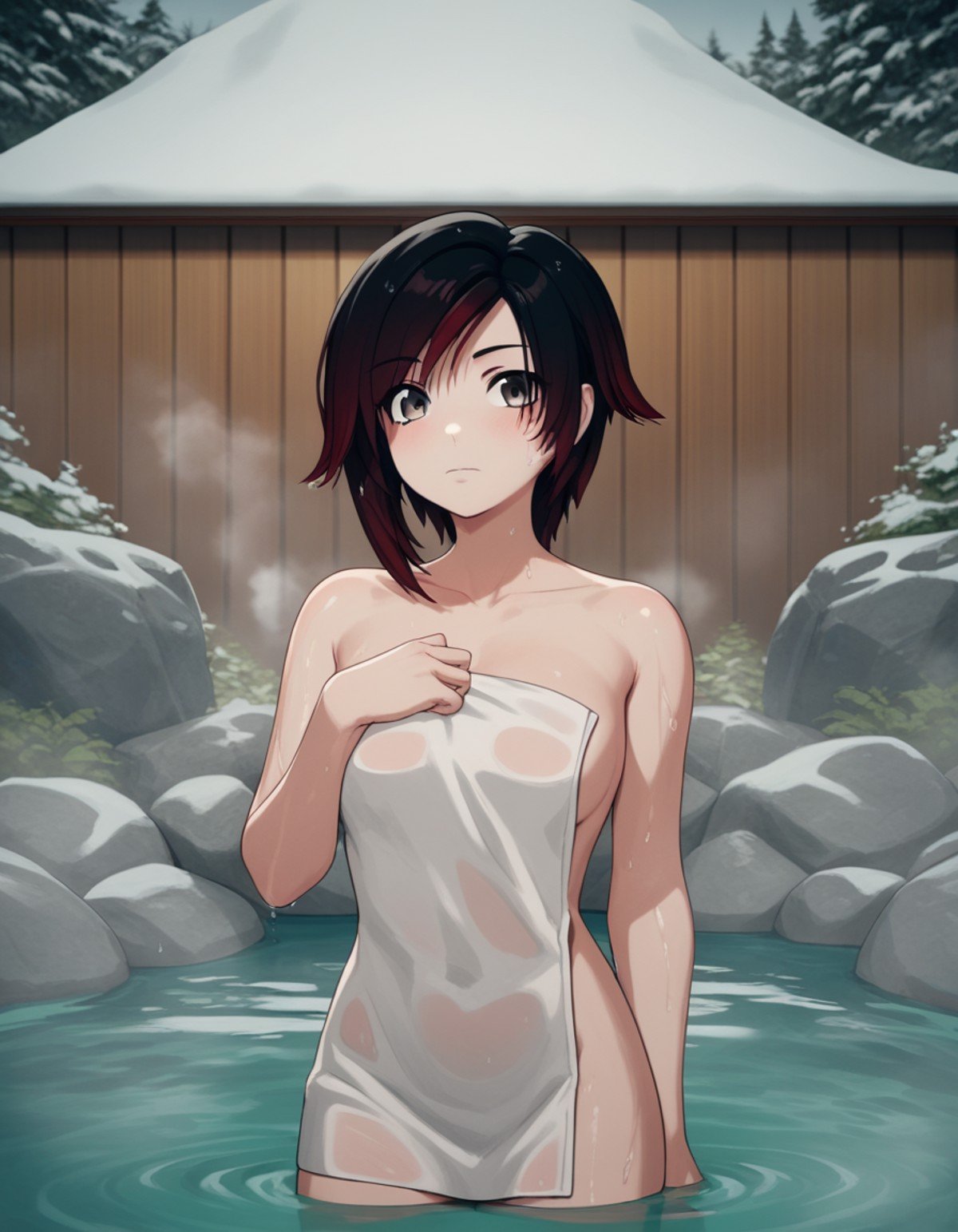 score_9, score_8_up, score_7_up, source_anime, <lora:ruby-rose-ponyxl-lora-nochekaiser:1>, ruby rose, short hair, black hair, red hair, grey eyes,, nude, naked, outdoors, onsen, towel, naked towel, steam, bathing, nude cover, partially submerged, water, bath, steam censor, wet towel, blush, looking at viewer, solo, cowboy shot, dutch angle