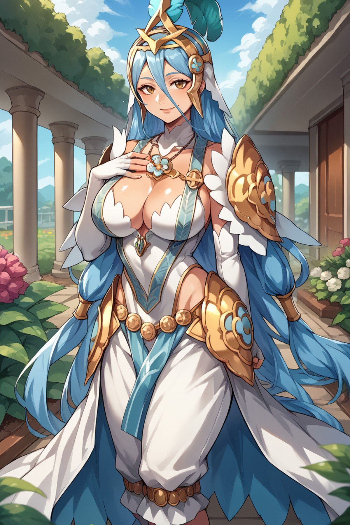 score_9, score_8_up, score_7_up, score_6_up, source_anime, BREAK 1girl, <lora:azura-pdxl-nvwls-v1-000006:1> legendaryAzu, blue hair, feather hair ornament, necklace, armored dress, cleavage, white gown, white pants, white elbow gloves, fingerless gloves, anklet, big breasts, hand to own chest, smile, looking at viewer, blue sky, garden, shrubs, flowers