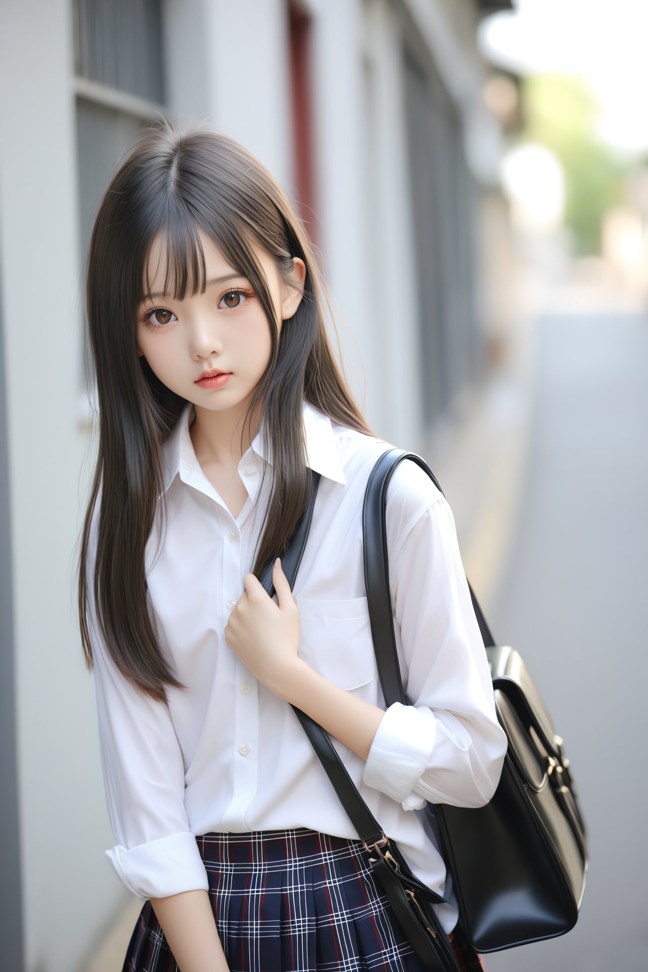 masterpiece,Realism,best quality,loli,1girl,long hair,black hair,solo,school uniform,shirt,sleeves rolled up,blurry,looking at viewer,skirt,white shirt,realistic,lips,depth of field,upper body,black eyes,shoulder bag,brown eyes,nose,parted lips,plaid,plaid skirt,collared shirt,