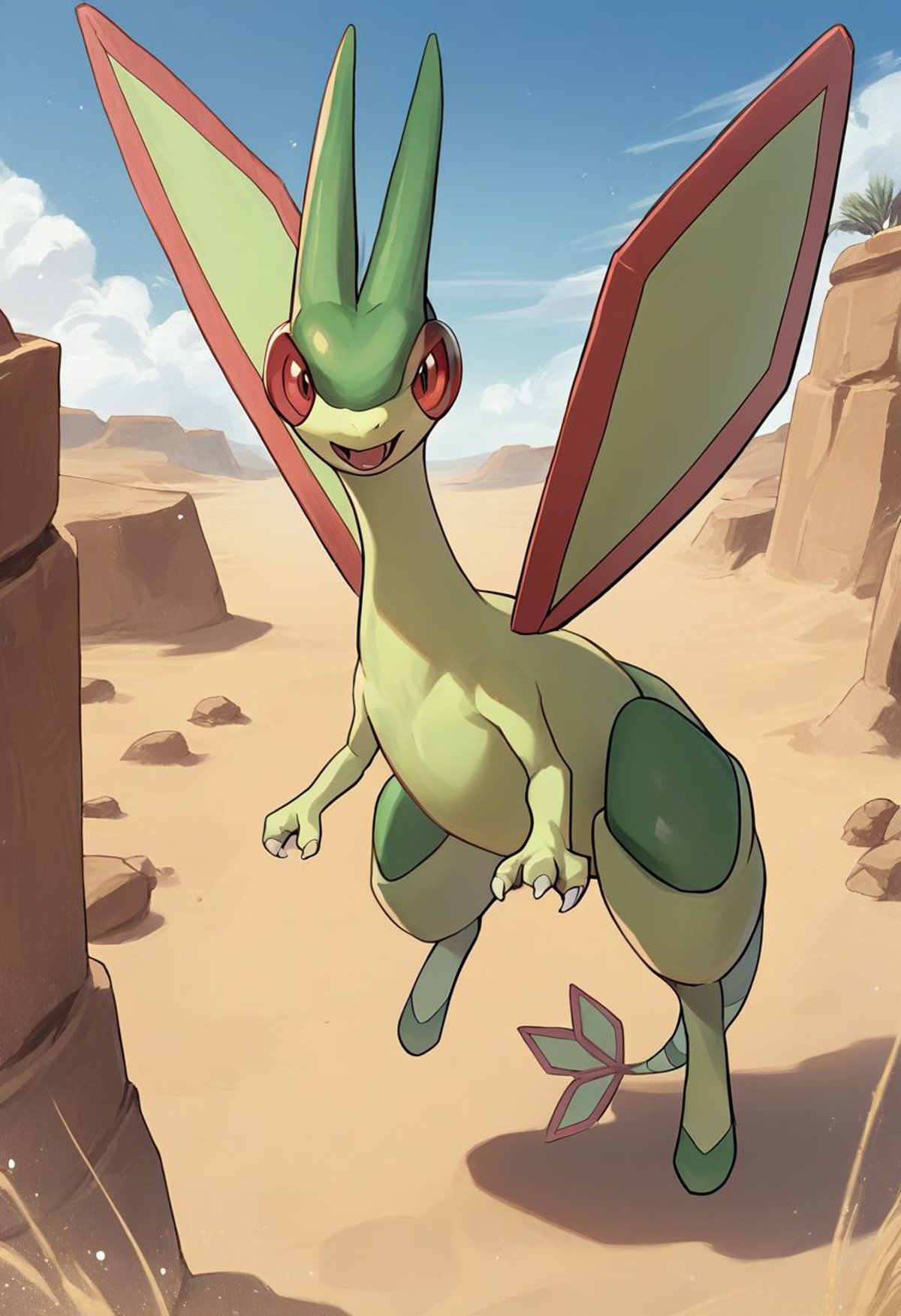 (source_anime, source_furry, score_9, score_8_up, score_7_up:1), solo male, flygon, feral, open mouth, outdoors, desert, sandstorm, looking at viewer, no humans