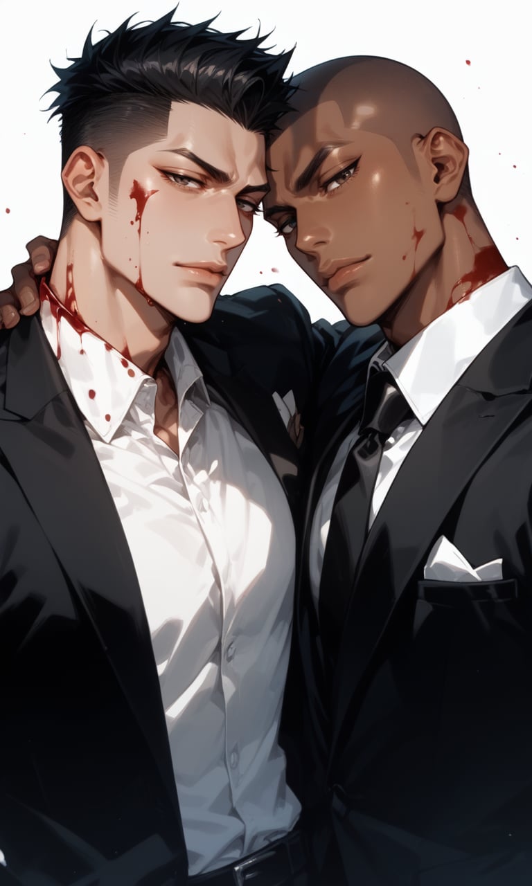 score_9, score_8_up, score_7_up, looking at viewer, waist up, shirt, half-closed eyes, 2boys, tsurime, black business suits, black and white, 2men, wearing suits, one with short dark hair another dark skin and bleach blonde buzz cut hair, side by side, blood, bloody,