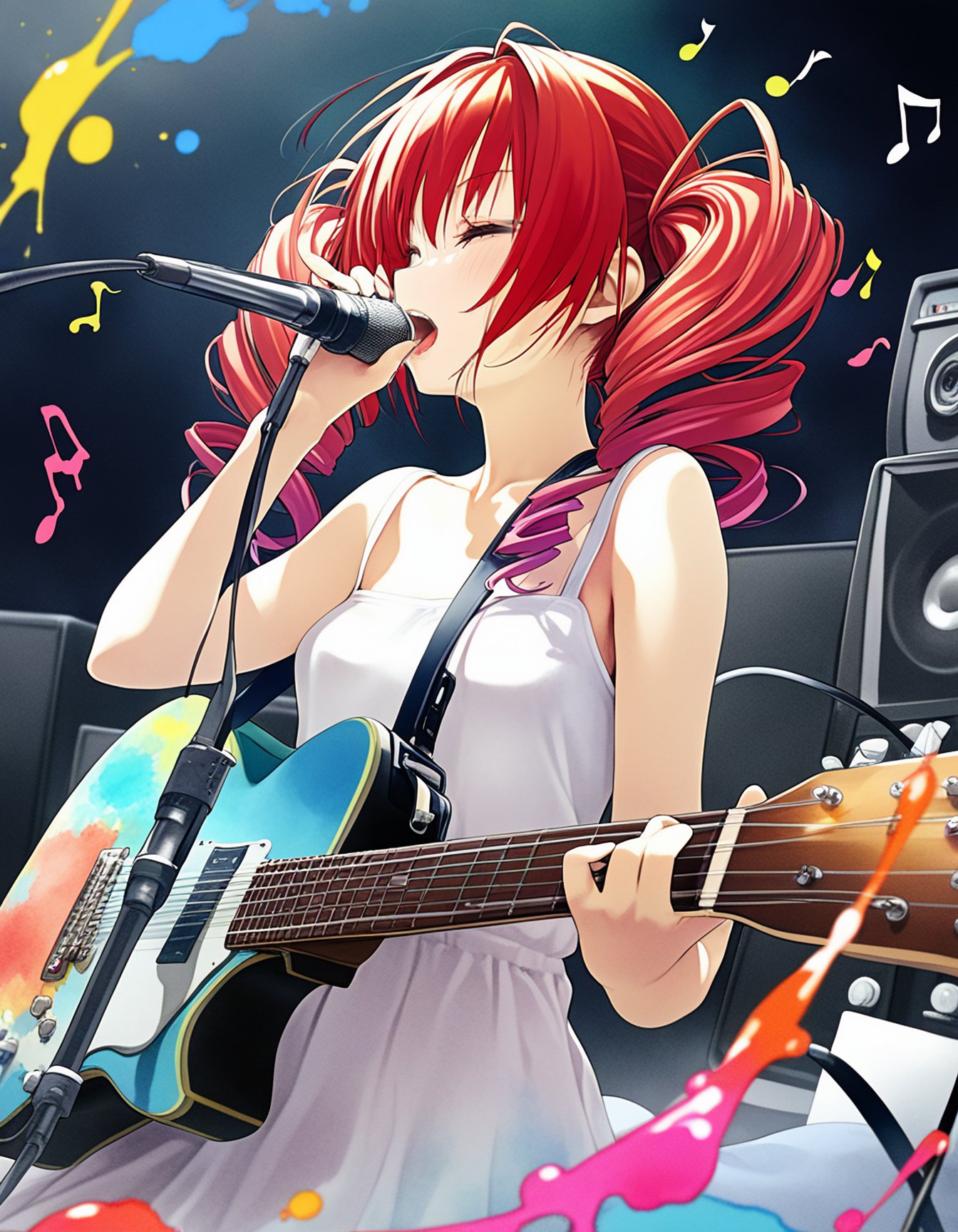 best quality, masterpiece, absurdres, fashion, by (murata range:1.2) by range murata, vocaloid, kasane teto, red hair, twin drills, watercolor \(medium\), radio, paint splash, musical notes, guitar, singing