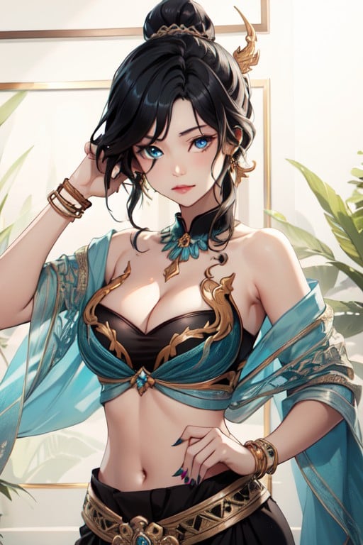 thai dress, black hair, navel, hair bun, nail polish, single hair bun, upper body, bracelet, medium breasts, blue eyes, cleavage, <lora:277e6780-7e4d-4bce-95ee-cf4a7da9bd59:0.7>